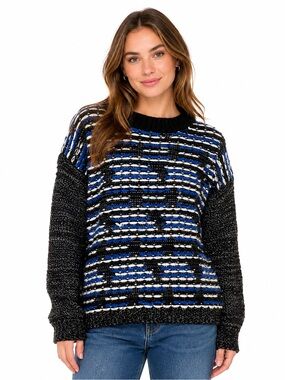 SILVIAN HEACH Crewneck Sweater Boxy Oversized Knit Woven Bouclé Black White Blue